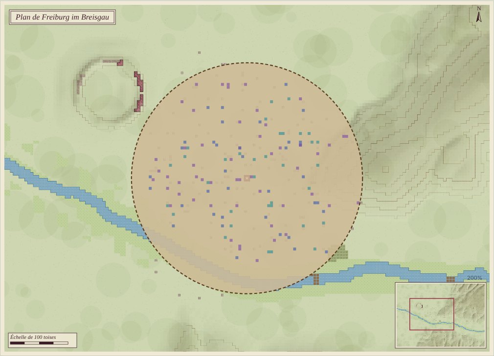 Plan of the excavation: a round pit cut into the old town, revealing buried layers