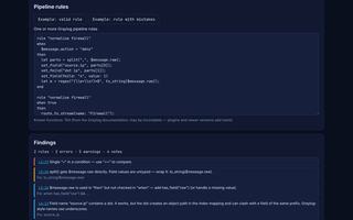 Screenshot of the pipeline rule linter with findings